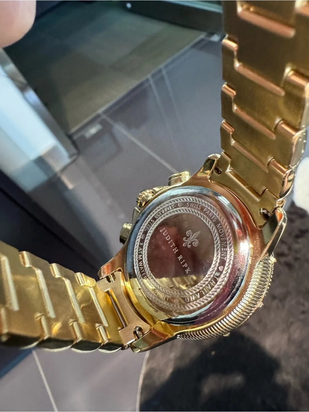 New Judith Ripka Gold Tone Chronograph Watch Textured Link Bracelet